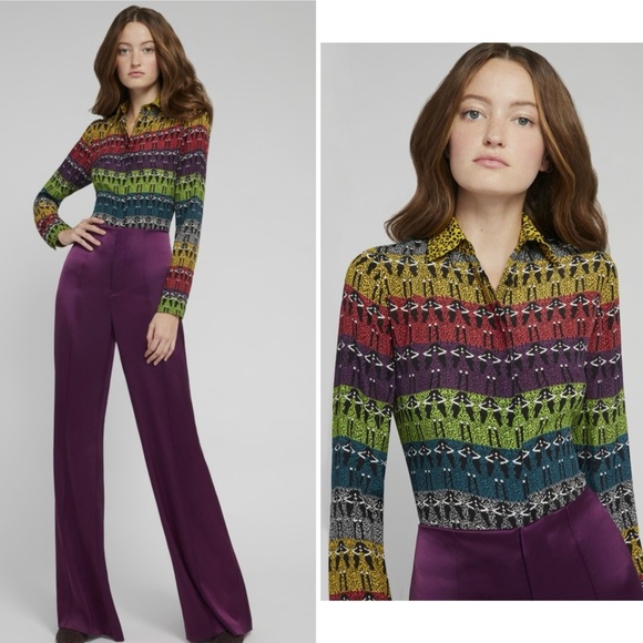 Alice + Olivia Pants - New! Alice + Olivia Willa Rainbow Stace Face 100% Silk Blouse 💜 💛 XS